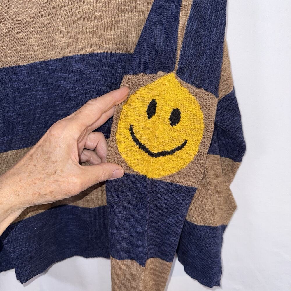 NWT StitchDrop Smiley Face Navy Brown Striped Fun Y2K Lightweight Sweater Sz M